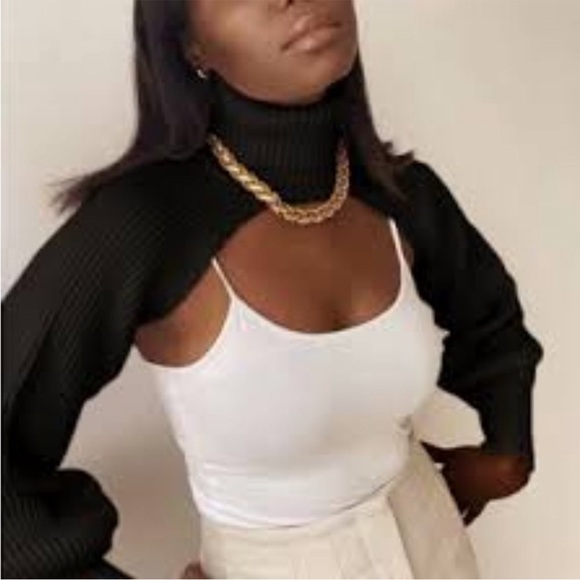 Zara Women’s Black Ribbed Knit Arm Warmer Turtleneck Size Medium Bubble Sleeve - Picture 2 of 13